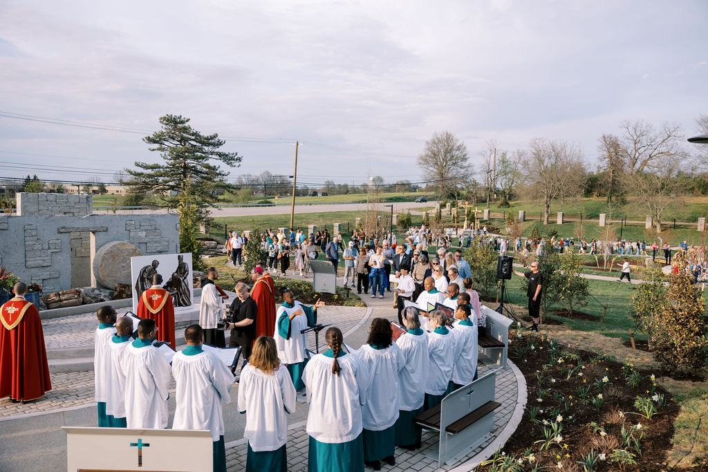 A choir gathered in the open-air amphitheater during a seasonal service.